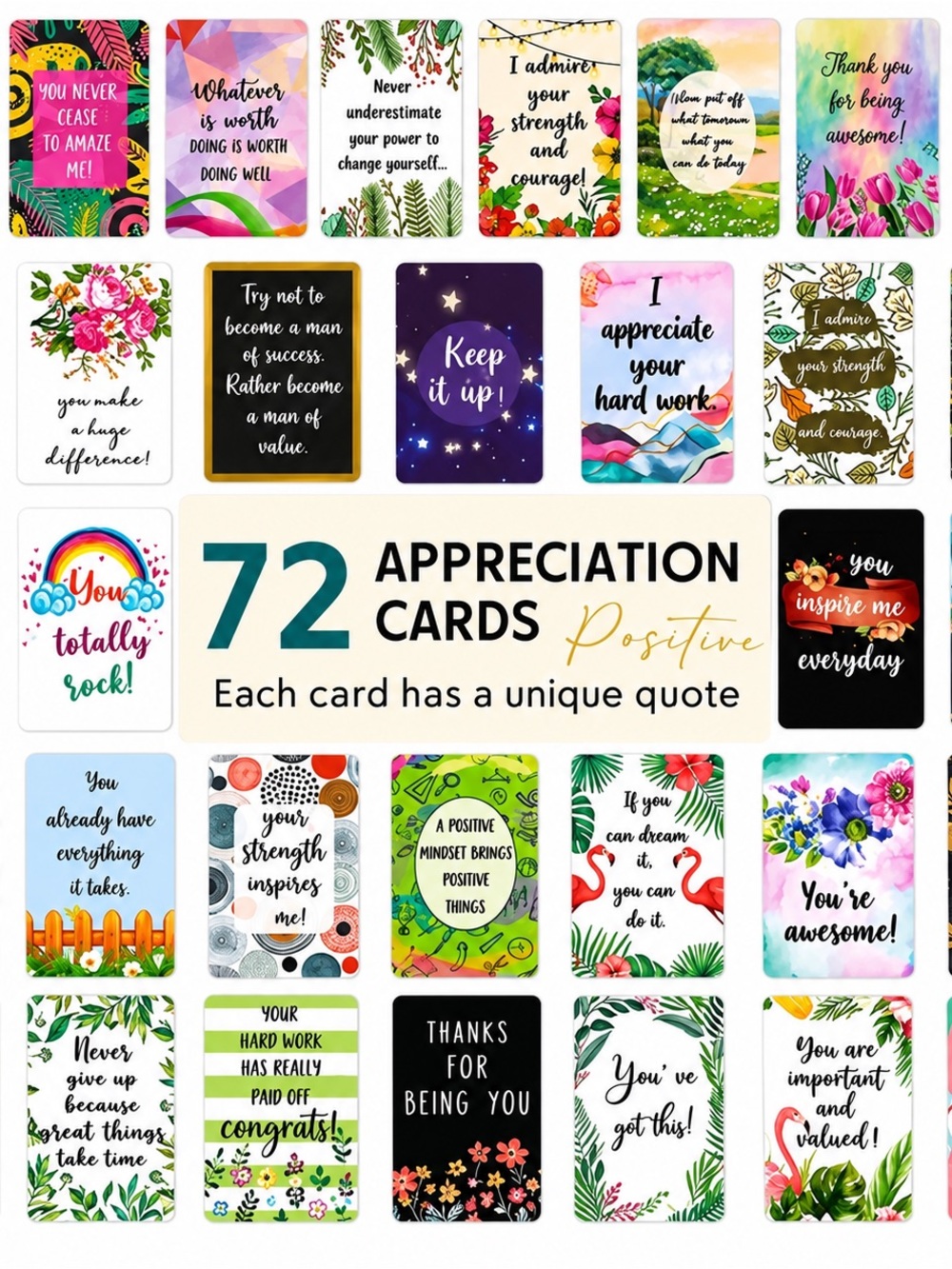 Appreciation Cards Set – 72 Positive Encouragement Cards NWOT